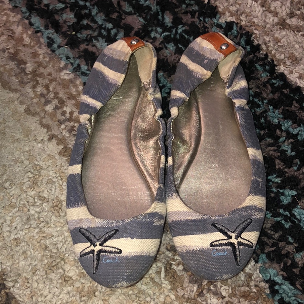 Coach Navy and Cream Striped Canvas Starfish Ballet Flats